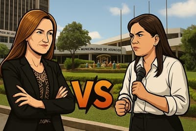 dos mujeres políticas se enfrentan frente al edificio de la Municipalidad de Asunción, con un “VS” en el centro y un pesebre al fondo.