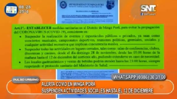 Municipalidad de Minga Porã suspende actividades sociales por aumento de casos