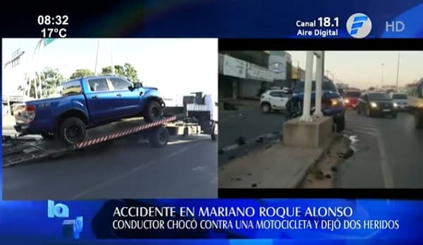 Camioneta embiste a motociclistas e impacta contra base de hormigón