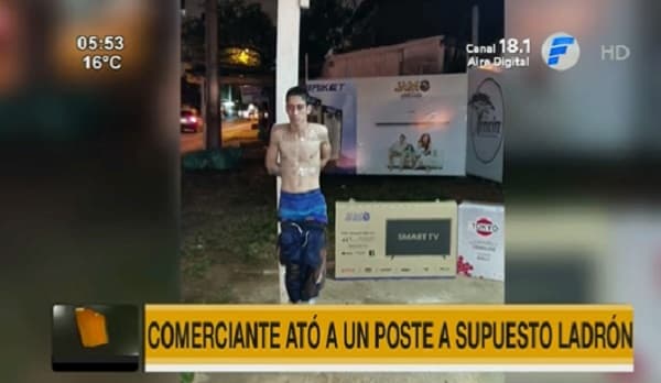 Comerciante golpea y ata a poste a “ladrón”