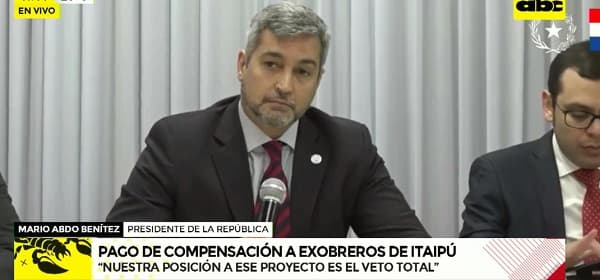 Abdo anuncia veto total a ley de compensación a exobreros de Itaipu