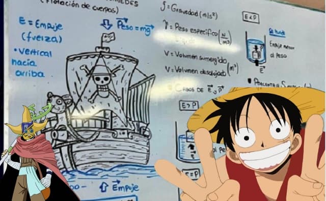 Profesor de física enseña con ejemplos de One Piece